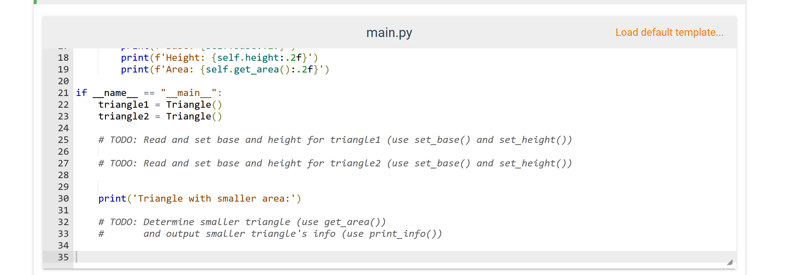 Solved Given class Triangle, complete the program to read | Chegg.com