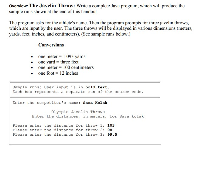 Solved Overview: The Javelin Throw: Write a complete Java | Chegg.com