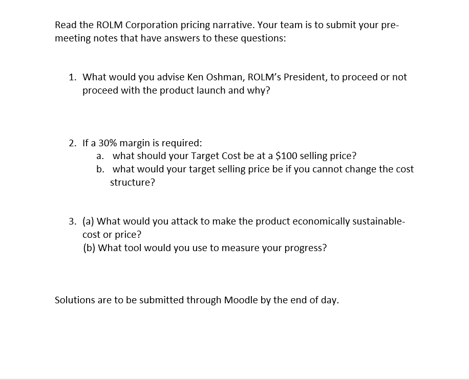 Read the ROLM Corporation pricing narrative. Your | Chegg.com
