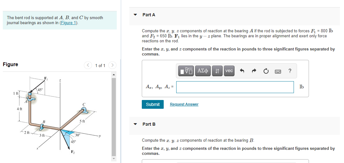 Solved Part A The bent rod is supported at A, B, and C by | Chegg.com