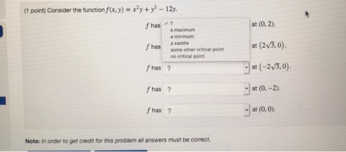 Solved (1 point) Consider the function f(x, y) x2y + y3-12y. | Chegg.com