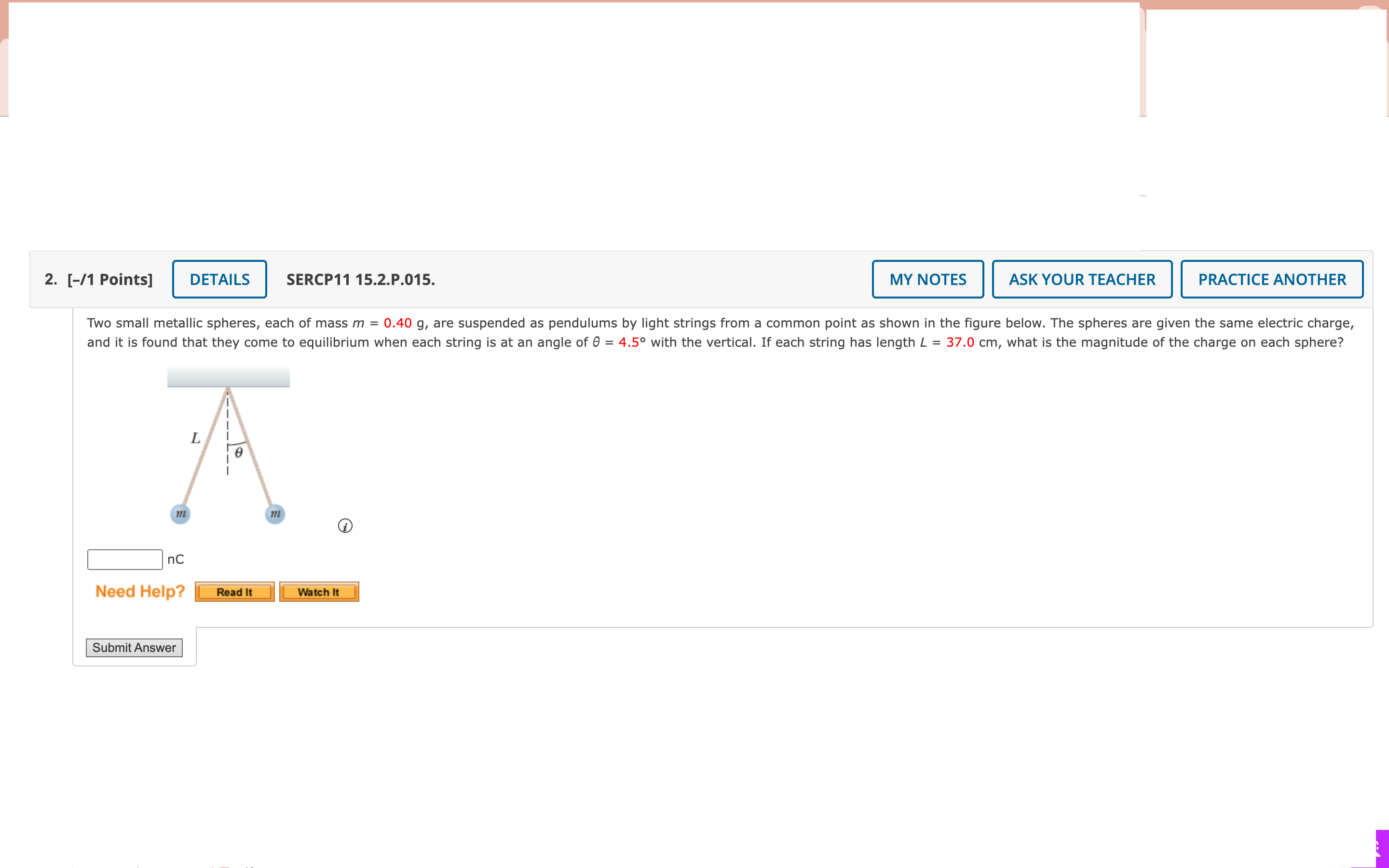Solved Two small metallic spheres, each of mass m=0.40g,