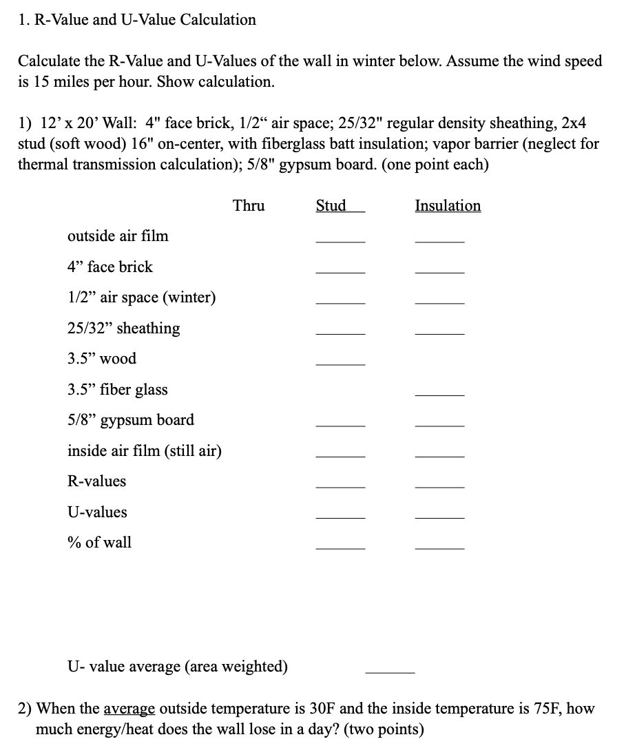 1. R-Value and U-Value Calculation Calculate the | Chegg.com
