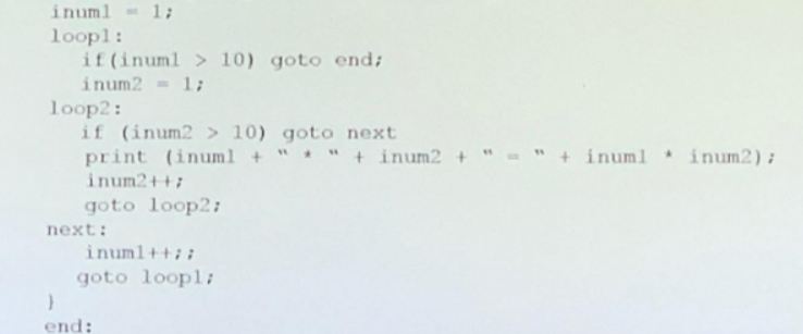 inum1 = 1; loopl: if (inuml > 10) goto end; inum2 = 1; loop2: if (inum2 > 10) goto next print (inuml + + inum2 + inum2+