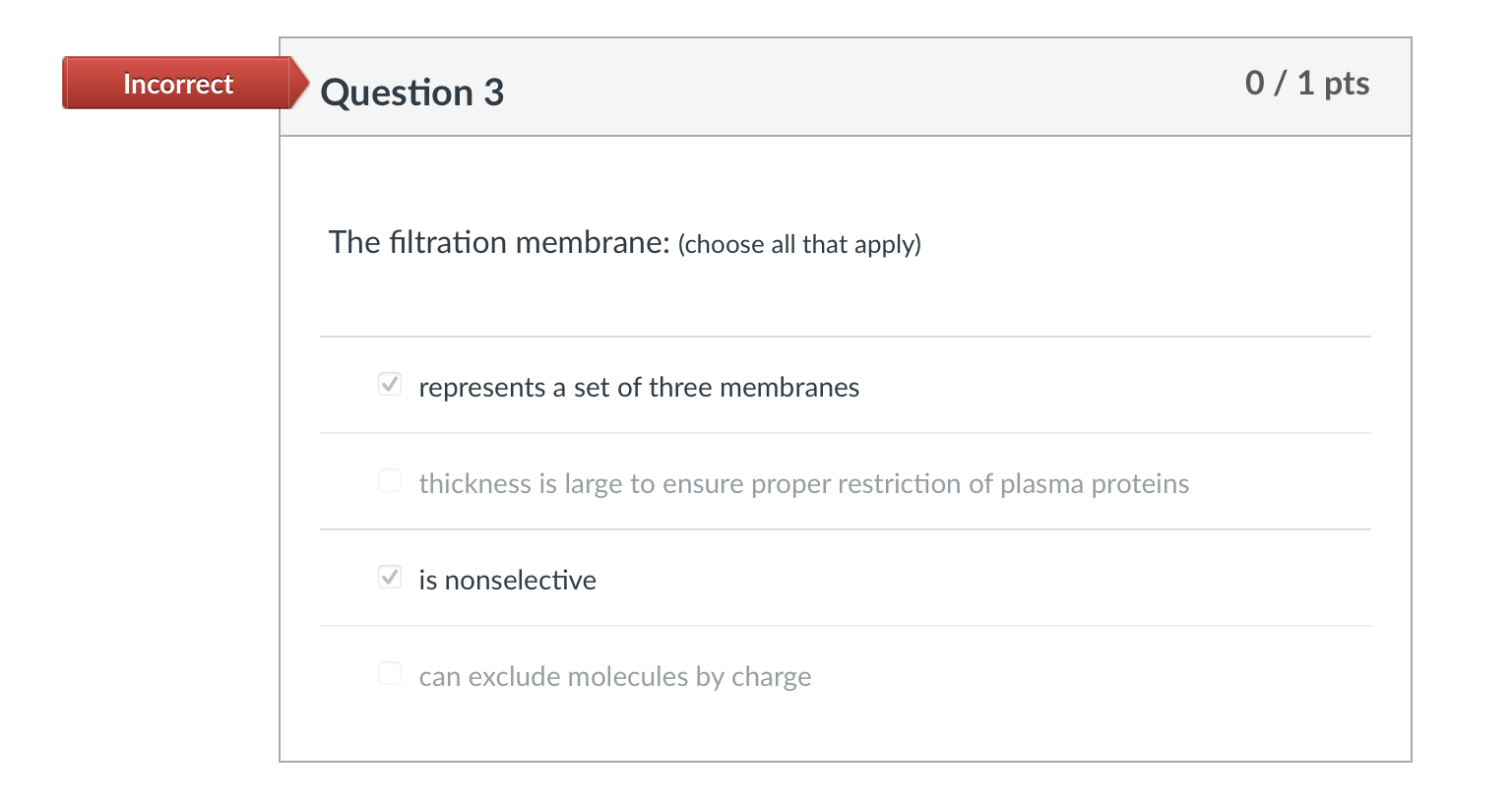 Solved Incorrect Question 3 0/1 pts The filtration membrane: | Chegg.com
