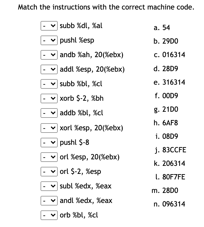 Solved Match the instructions with the correct machine code. | Chegg.com