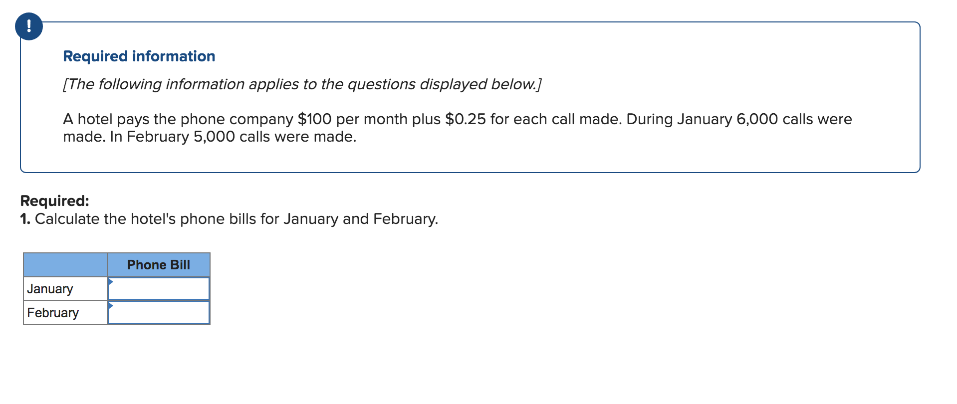 Required information
[The following information applies to the questions displayed below.]
A hotel pays the phone company \( 