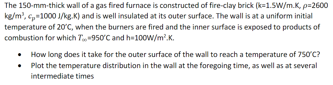 Solved The 150 Mm Thick Wall Of A Gas Fired Furnace Is Co Chegg Com