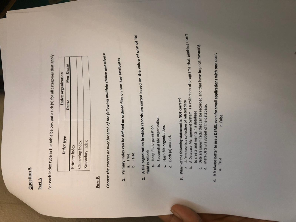Solved Question 5 Part A For Each Index Type In The Table Chegg Com