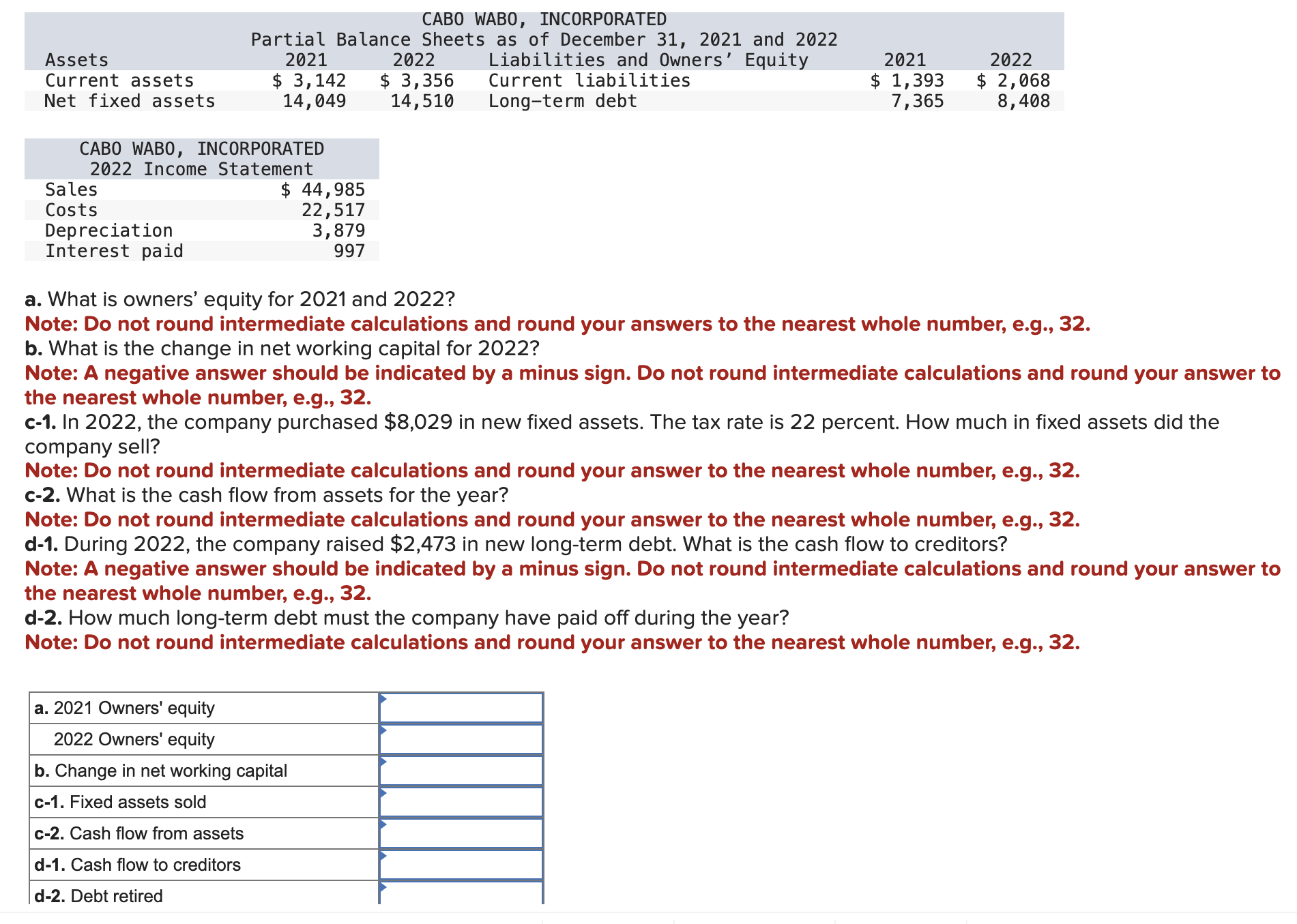 Solved a. What is owners' equity for 2021 and 2022 ? Note: | Chegg.com