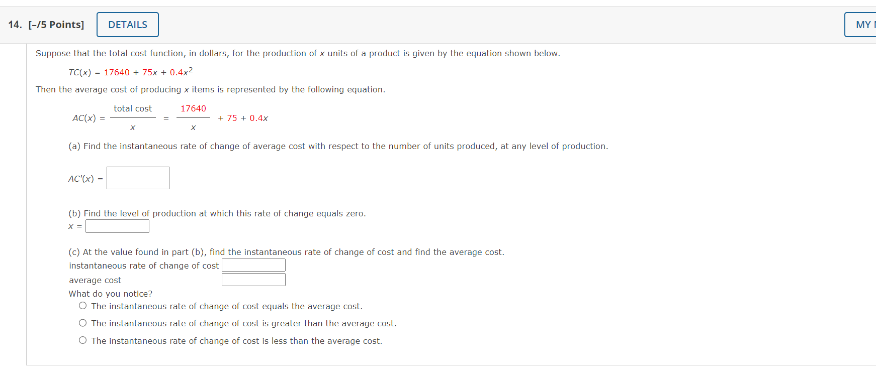 Solved Suppose that the total cost function, in dollars, for | Chegg.com
