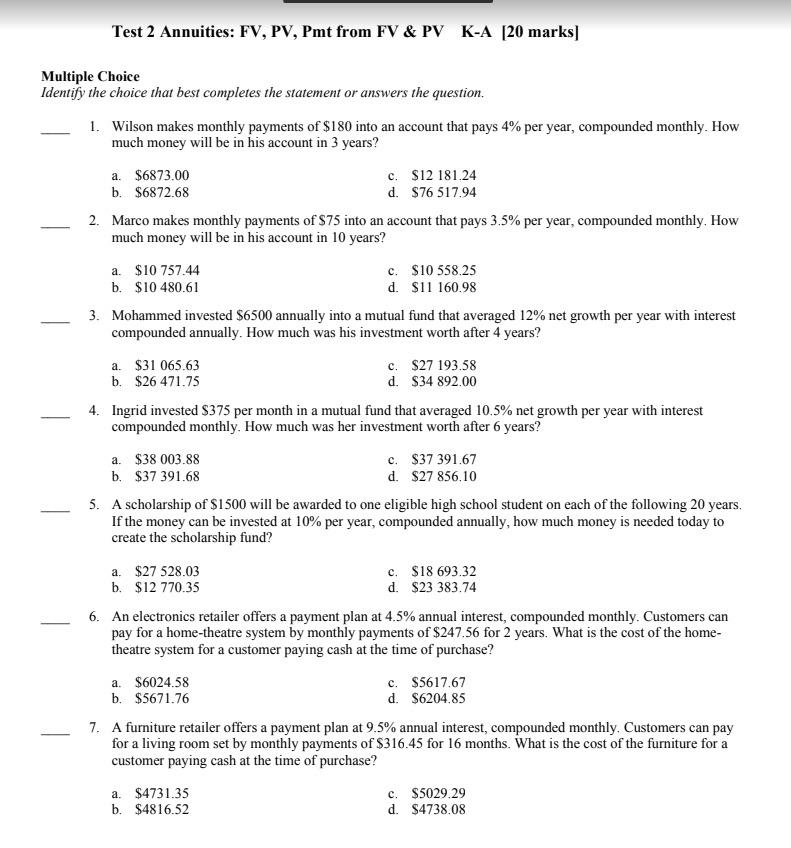 Solved Test 2 Annuities: FV, PV, Pmt from FV & PV K-A [20 | Chegg.com