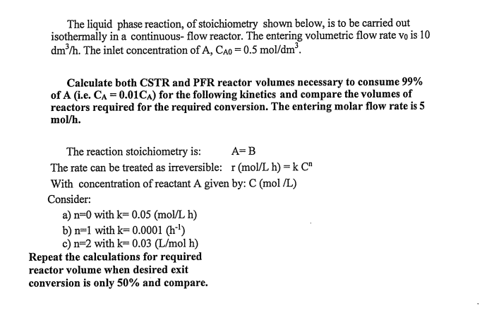 Solved The liquid phase reaction, of stoichiometry shown | Chegg.com