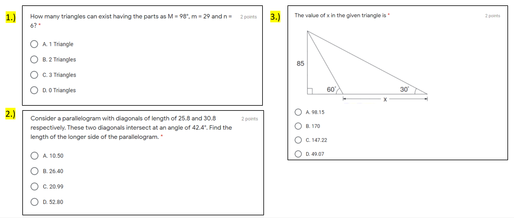 Solved 1.) 2 points 3.) The value of x in the given triangle | Chegg.com