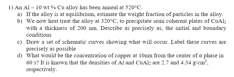 1) An Al - 10 wt% Cu alloy has been anneal at 520°C. | Chegg.com