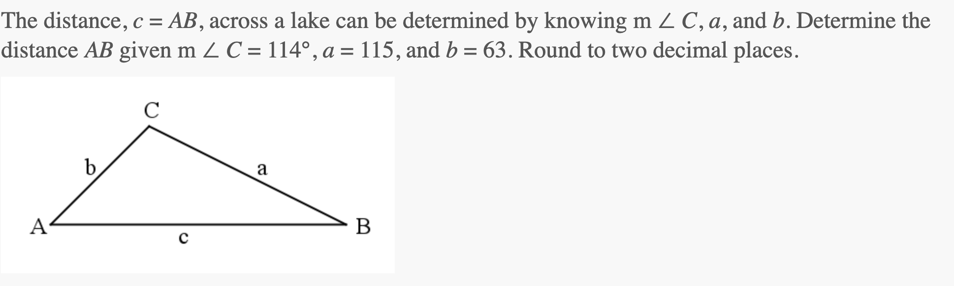 Solved The distance, c=AB, across a lake can be determined | Chegg.com