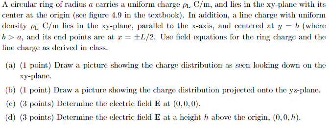 Solved A circular ring of radius a carries a uniform charge | Chegg.com