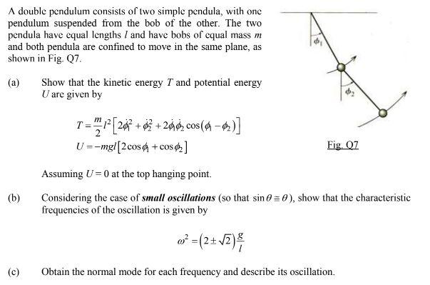 A double pendulum consists of two simple pendula, with one
pendulum suspended from the bob of the other. The two
pendula have