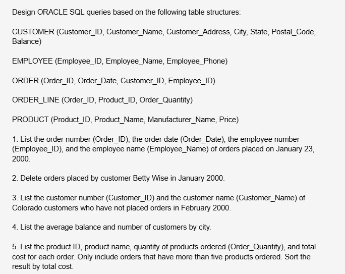 Solved Design ORACLE SQL queries based on the following | Chegg.com