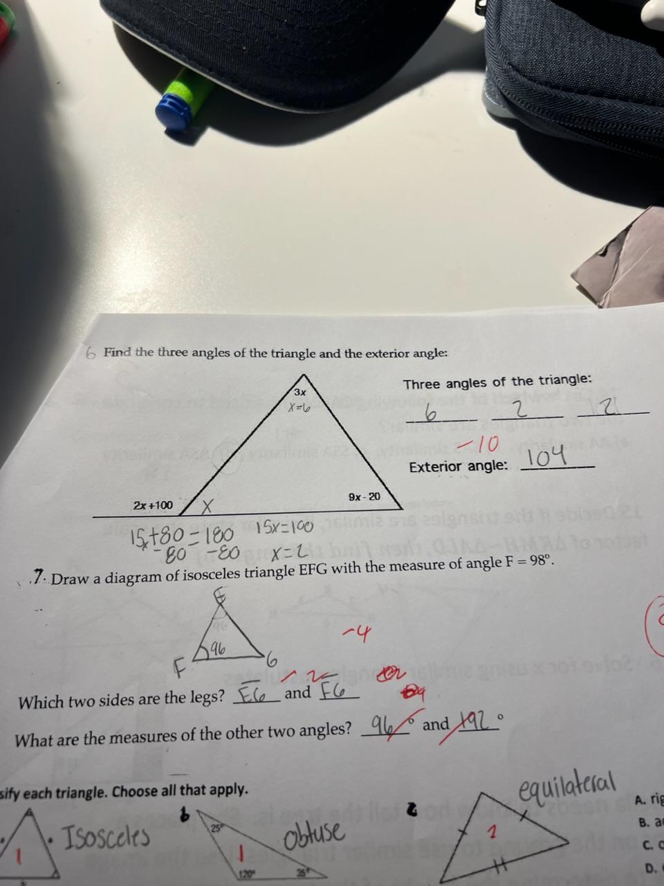 6 Find the three angles of the triangle and the exterior angle:
Three angles of the triangle:
\[
-\frac{2}{10}-\frac{2}{104}