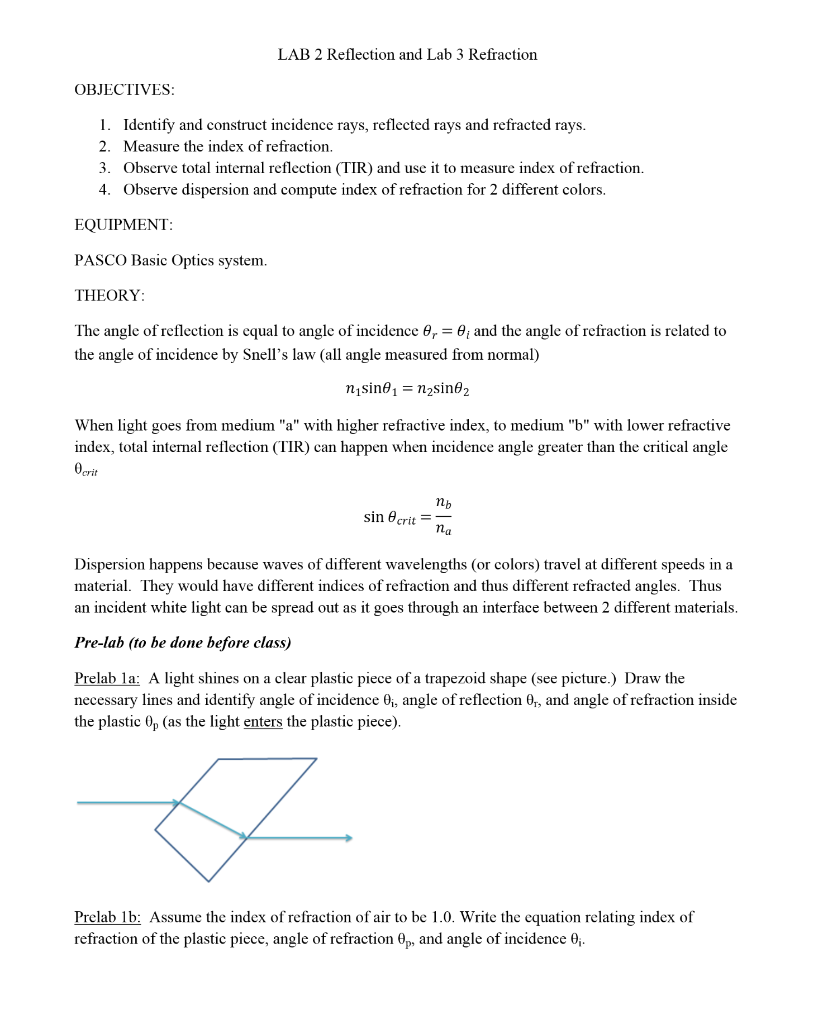 Solved LAB 2 Reflection and Lab 3 Refraction OBJECTIVES: 1. | Chegg.com