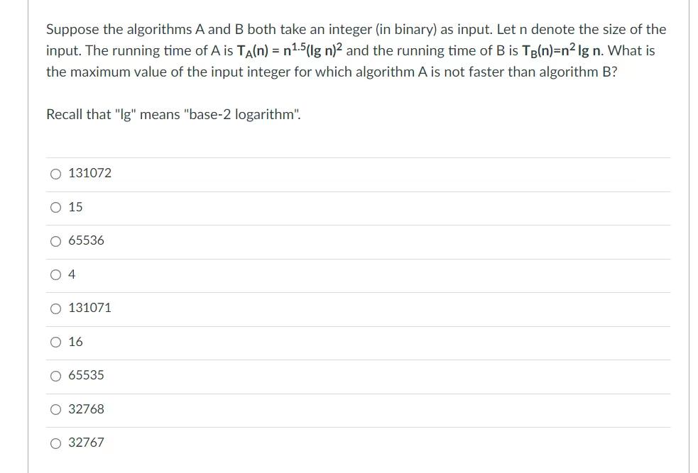 Solved Suppose The Algorithms A And B Both Take An Integer | Chegg.com