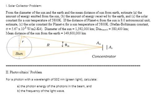 Solved 1. Solar Collector Problem: From The Diameter Of The | Chegg.com