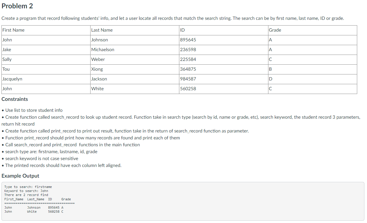 Solved - Use list to store student info - Create function | Chegg.com