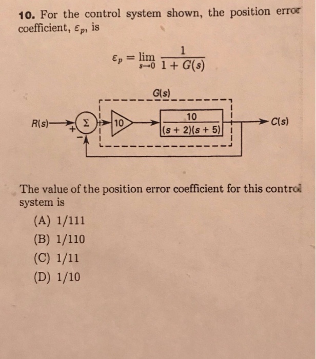 Solved 10. For the control system shown, the position error | Chegg.com