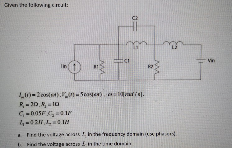 Solved Given the following circuit: C2 L1 L2 C1 Vin lin R1 | Chegg.com