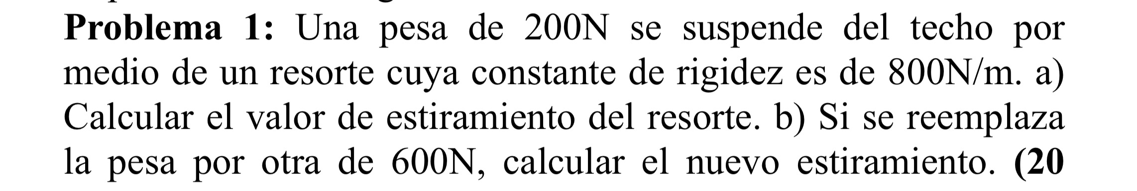 Problema 1: Una pesa de \( 200 \mathrm{~N} \) se suspende del techo por medio de un resorte cuya constante de rigidez es de \