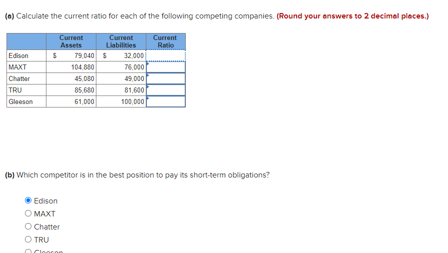 Solved (a) Calculate The Current Ratio For Each Of The | Chegg.com