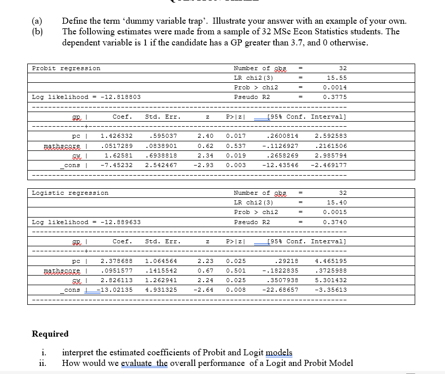 Solved (a) Define the term 'dummy variable trap'. Illustrate