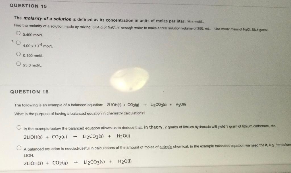 Solved QUESTION 15 The molarity of a solution is defined as | Chegg.com