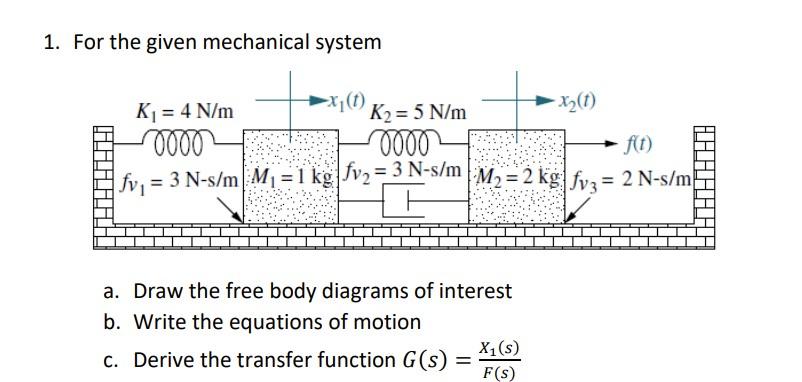 Solved 1. For the given mechanical system a. Draw the free | Chegg.com