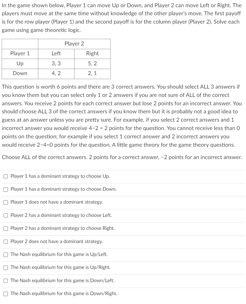 Solved In The Game Shown Below, Player 1 Can Move Up Or | Chegg.com