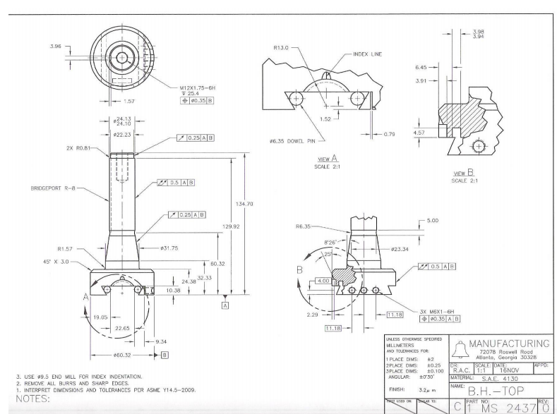 Solved 3.98 R13.0 7 7 INDEX UNE 6.45- 3.91 M12X1.75-6H 25. | Chegg.com