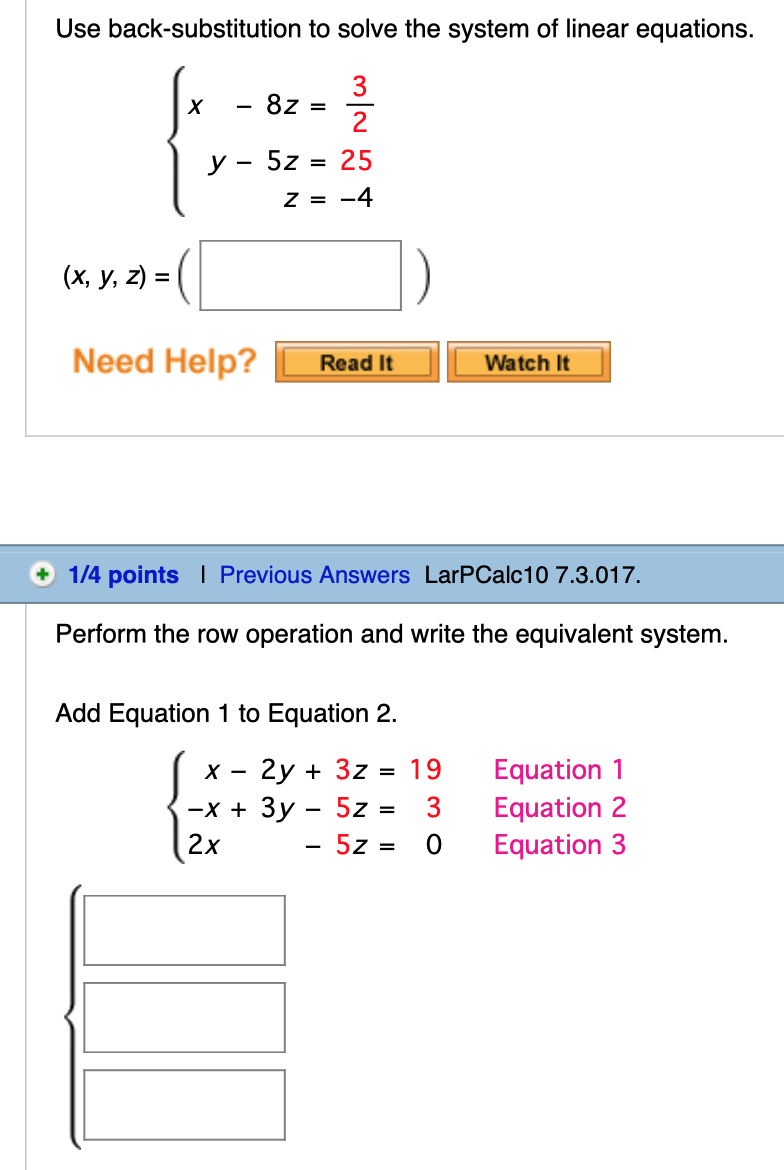 Solved Use Back-substitution To Solve The System Of Linear | Chegg.com