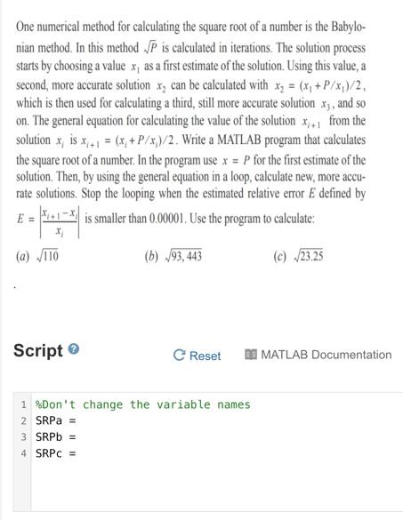 Solved One numerical method for calculating the square root | Chegg.com