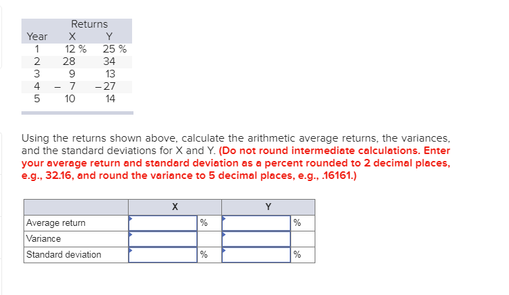 Solved Returns Year X Y 12% 25 % 28 34 3 9 13 4 - 7 -27 5 10 | Chegg.com