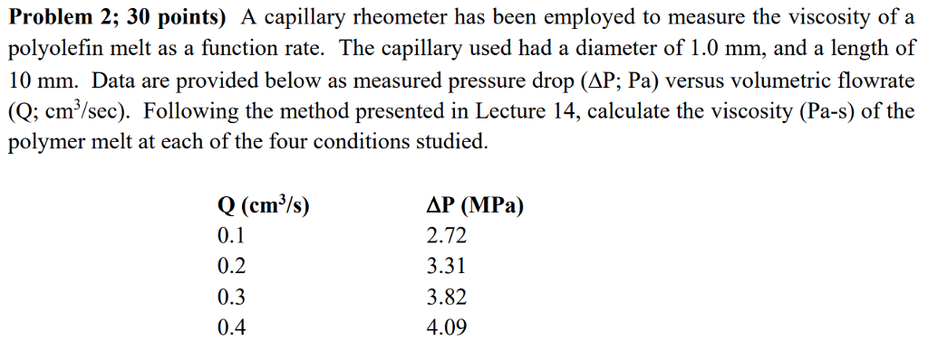 Problem 2; 30 points) A capillary rheometer has been | Chegg.com