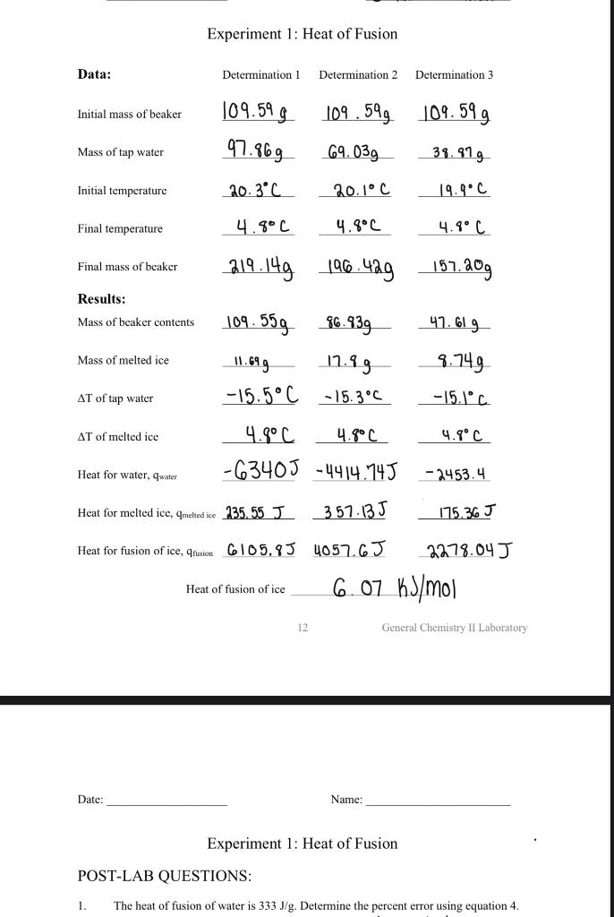 Solved Experiment 1 Heat of Fusion 12 General Chemistry II