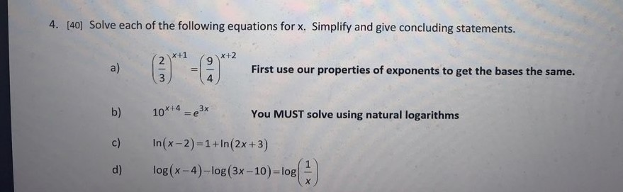 Solved 4. [40] Solve each of the following equations for x. | Chegg.com