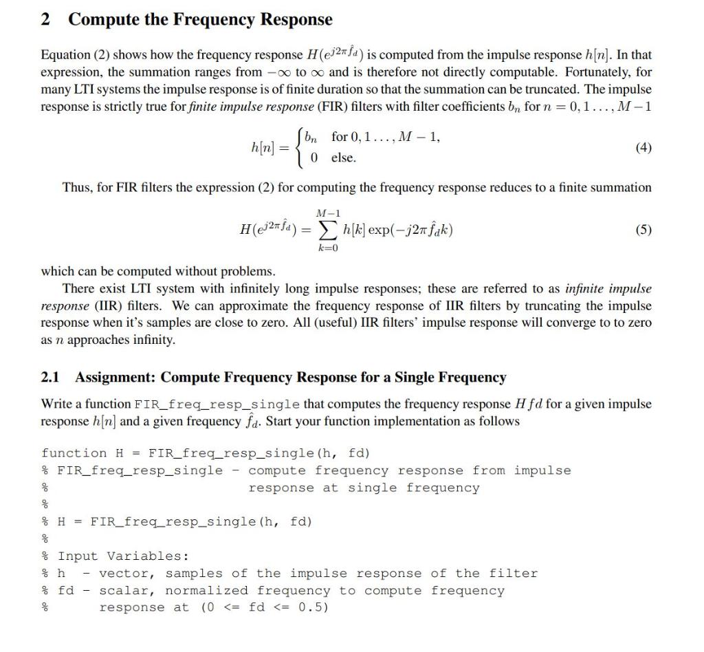 Solved 2 Compute the Frequency Response Equation (2) shows | Chegg.com