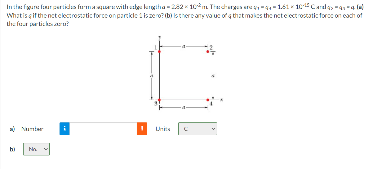 In the figure four particles form a square with edge length \( a=2.82 \times 10^{-2} \mathrm{~m} \). The charges are \( q_{1}