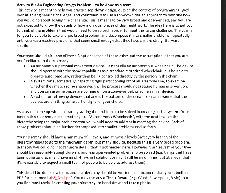 Solved Activity #1: An Engineering Design Problem - to be | Chegg.com