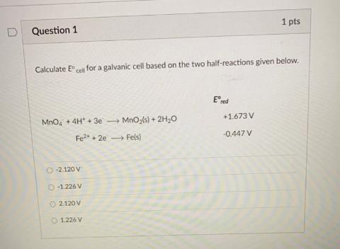 Solved 1 pts Question 1 Calculate E cell for a galvanic cell | Chegg.com