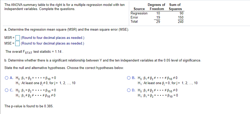 Solved The ANOVA summary table to the right is for a | Chegg.com