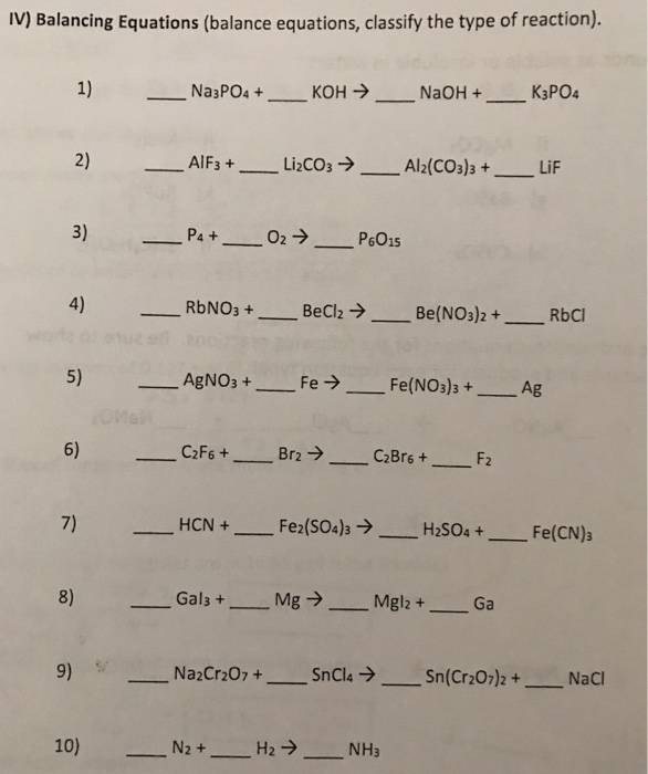 Solved IV) Balancing Equations (balance equations, classify | Chegg.com