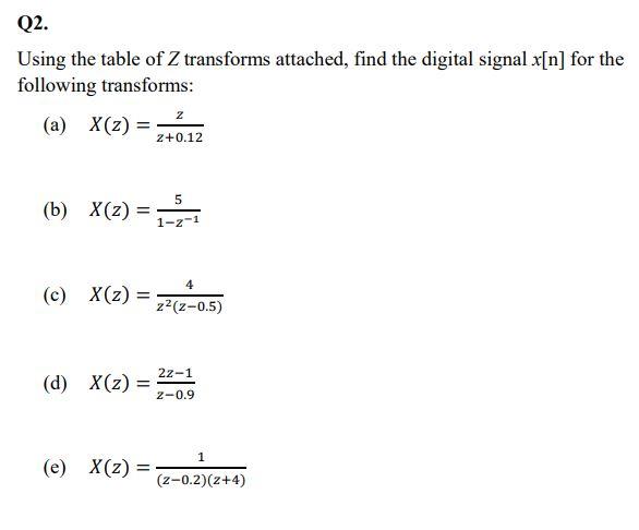 Solved Q2. Using The Table Of Z Transforms Attached, Find | Chegg.com